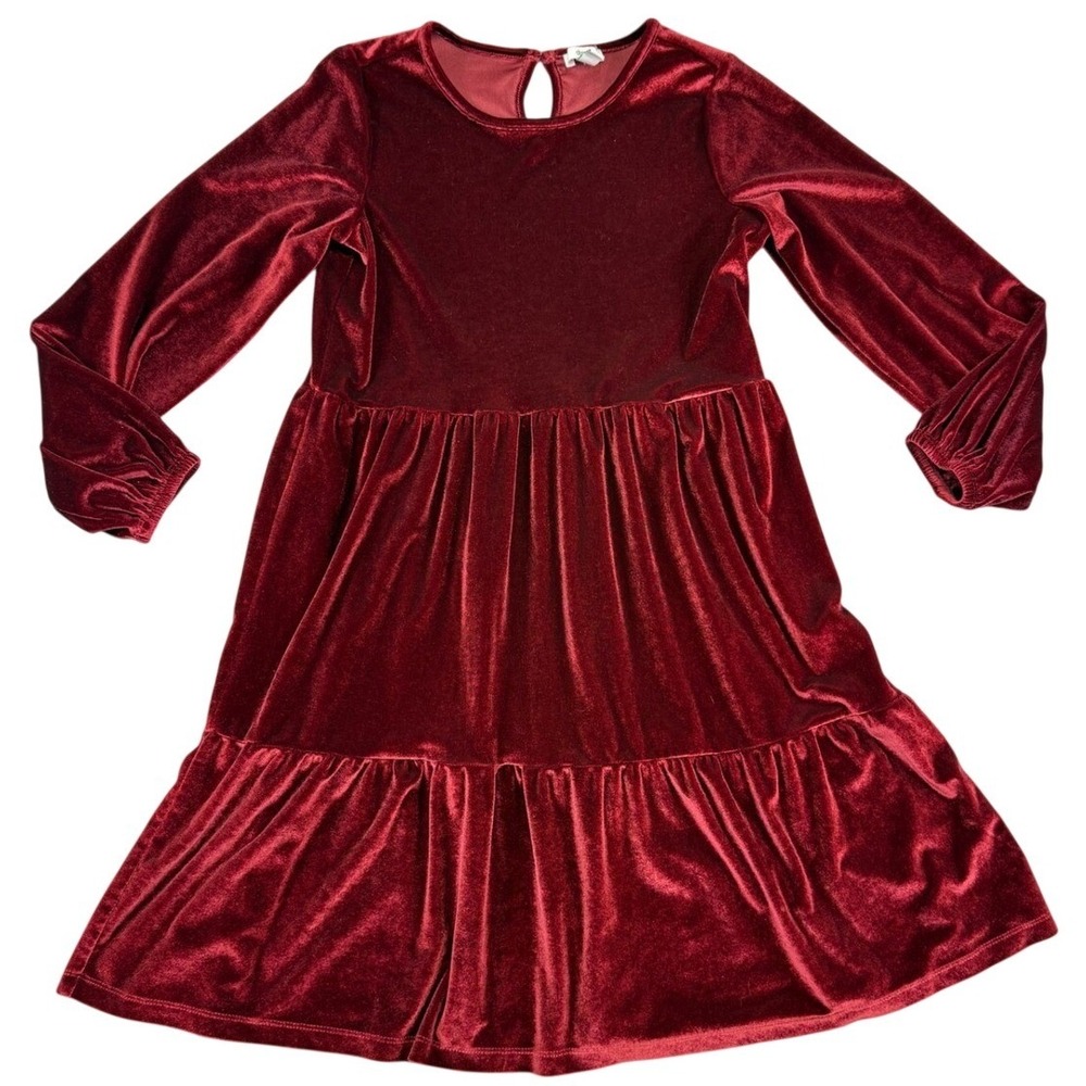 dip Girls Burgundy Red Crushed Velvet Tiered Long Sleeve Dress Size L 12-14